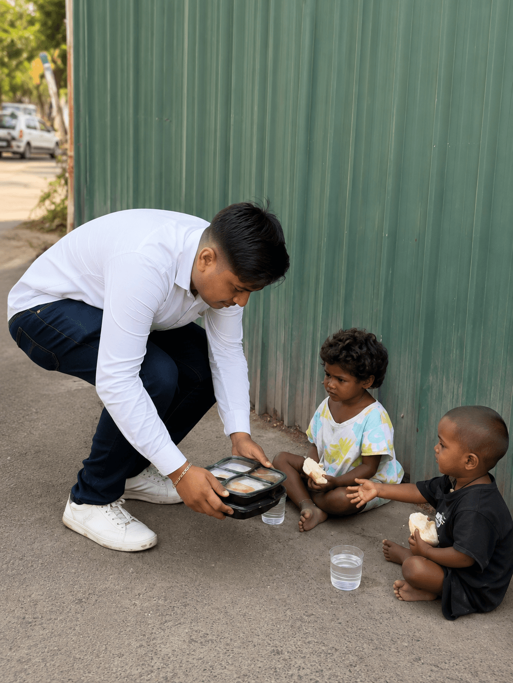 A volunteer passes a packed meal tray to two children seated against a corrugated metal wall.