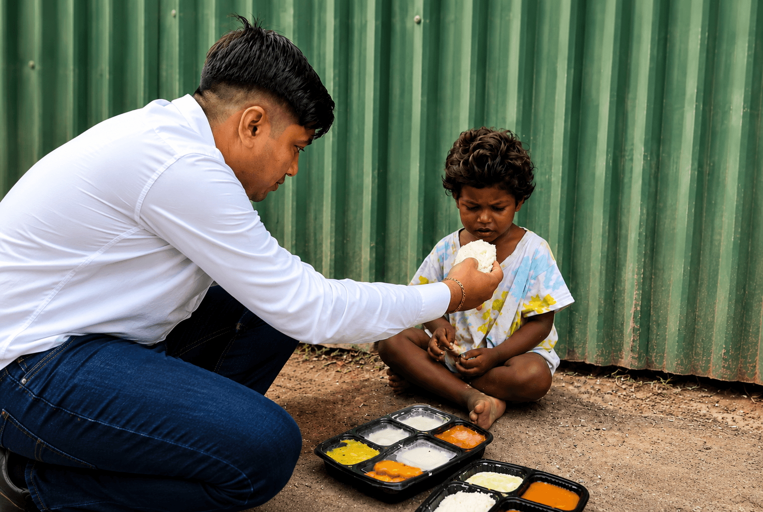 A volunteer crouches on bare ground to hand a portion of rice to a small child, with packed meal trays laid out between them.